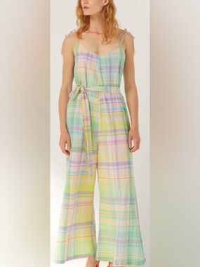 Mii EN FETE Pastel Plaid Wide Leg Jumpsuit Tie Strap Size S